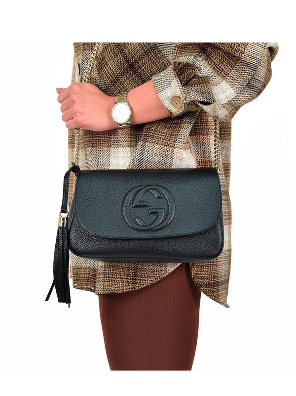 Gucci Borsa Soho Nera Donna Logo Pelle Cellarius Modello 536224 A7M0G 1000