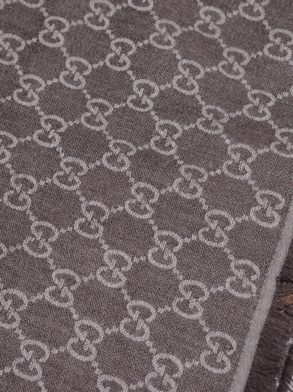 Gucci Scialle Unisex Marrone e Grigio Logato Lana e Seta Mod. 281942 3G704 9564