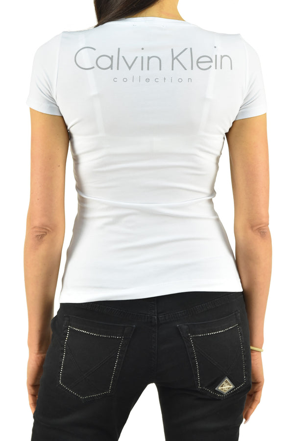 Calvin Klein Collection T-shirt Bianca Donna Cotone Stampa Scollo a V