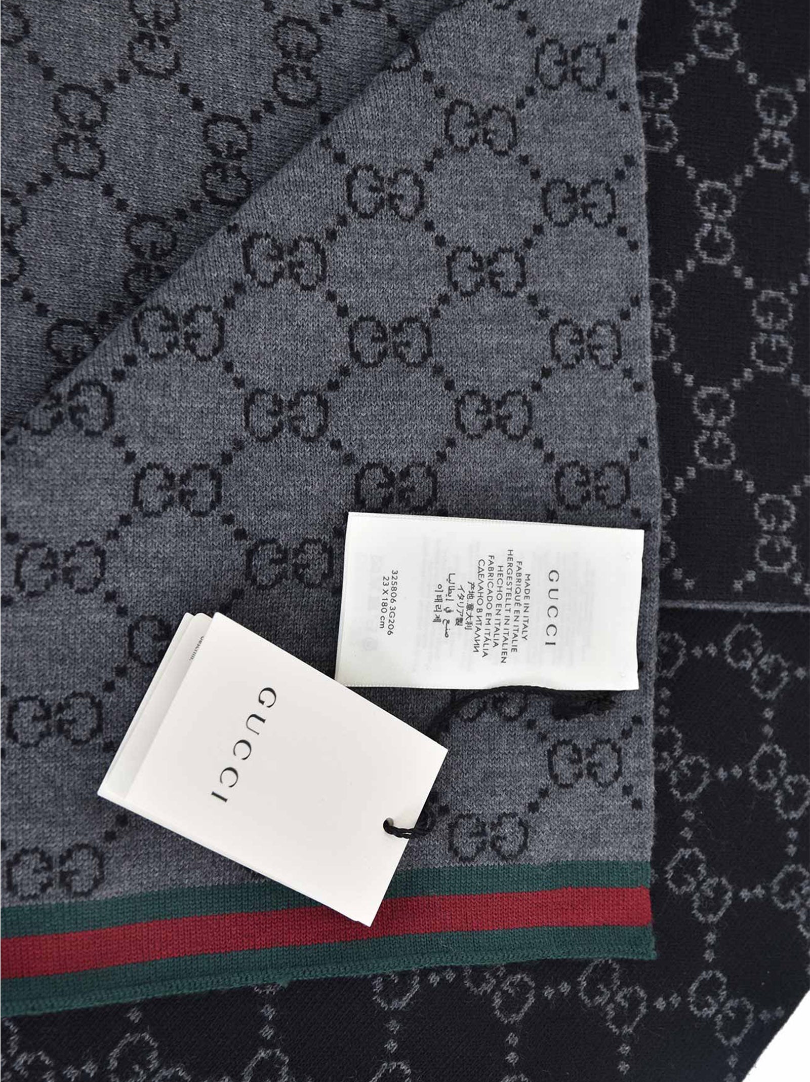 Gucci Unisex Scarf Black/Grey Logoed 100% Wool Mod. 325806 3G206 1062 