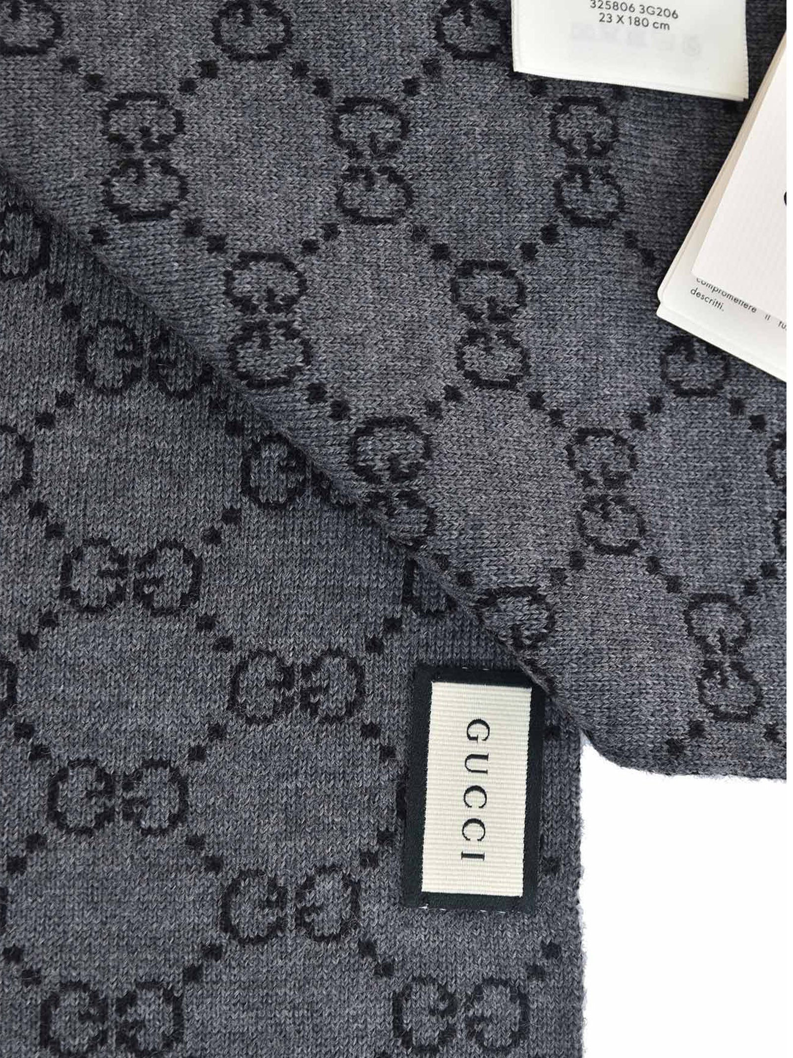 Gucci Unisex Scarf Black/Grey Logoed 100% Wool Mod. 325806 3G206 1062 