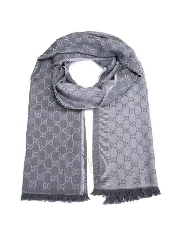 Gucci Unisex Shawl Gray and White Logo Wool and Silk Mod. 281942 3G704 1962 