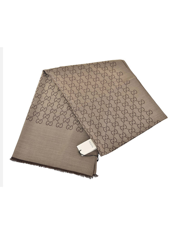 Gucci Unisex Shawl Beige and Brown Logo Wool and Silk Mod. 165903 3G646 9664 