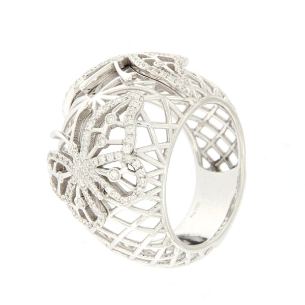 Anello retinato a fascia in oro bianco con farfalle in oro bianco e diamanti