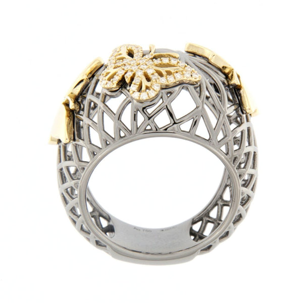 Anello retinato a fascia in oro nero con farfalle in oro giallo e diamanti