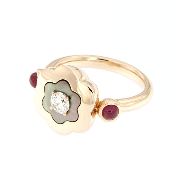 Anello a fiore in oro rosa e madreperla grigia con diamante e rubini