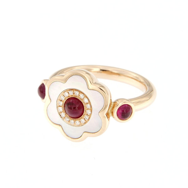 Anello a fiore in oro rosa e madreperla con diamanti e rubini