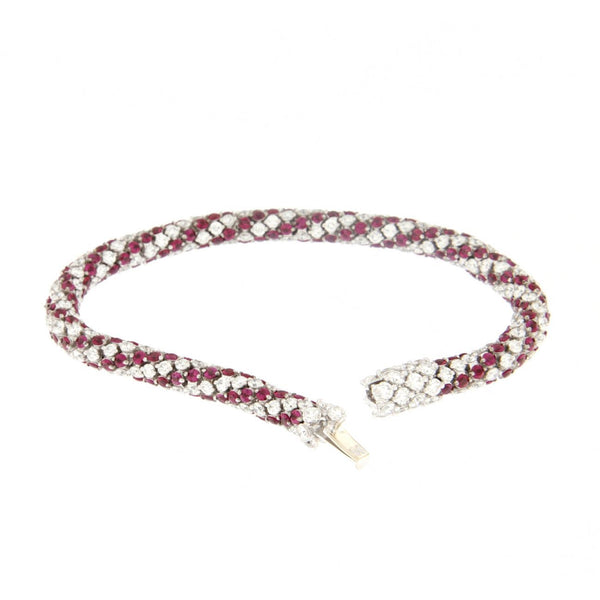 Bracciale morbido in oro bianco con diamanti e rubini