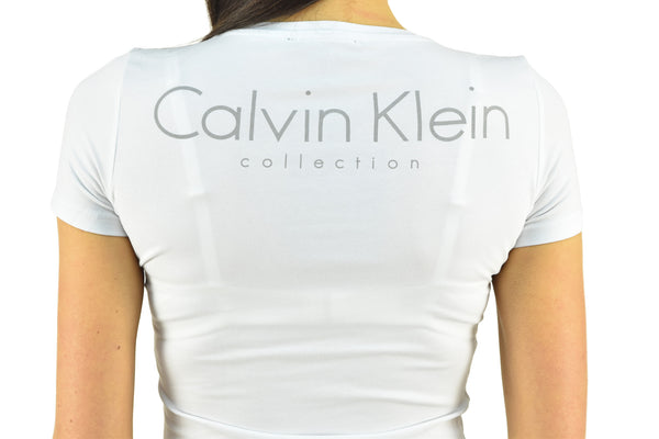 Calvin Klein Collection Women's White T-shirt Cotton Print V-neck