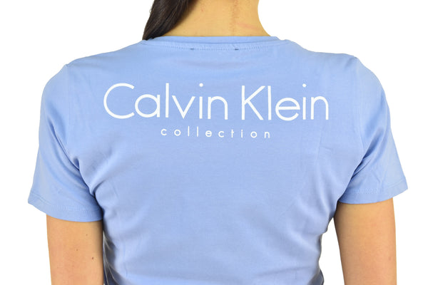 Calvin Klein Collection Women's Light Blue T-shirt Cotton Print Crew Neck