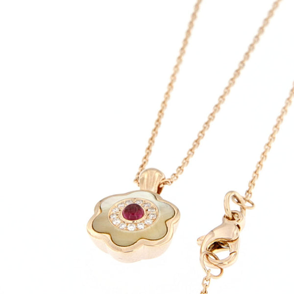 Collana in oro rosa con madreperla bianca rubini e diamanti