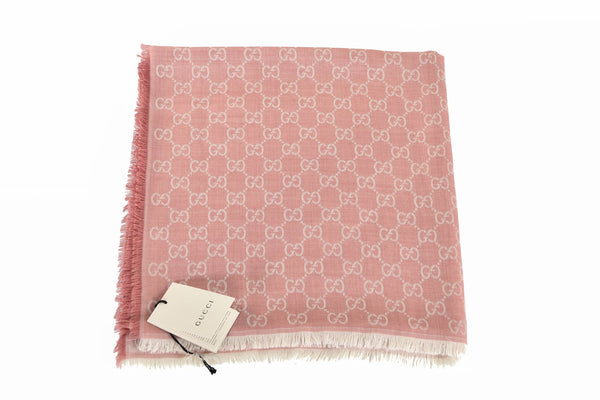 Gucci Unisex Shawl Pink and White Logo Wool and Silk Mod. 281942 3G704 6978 