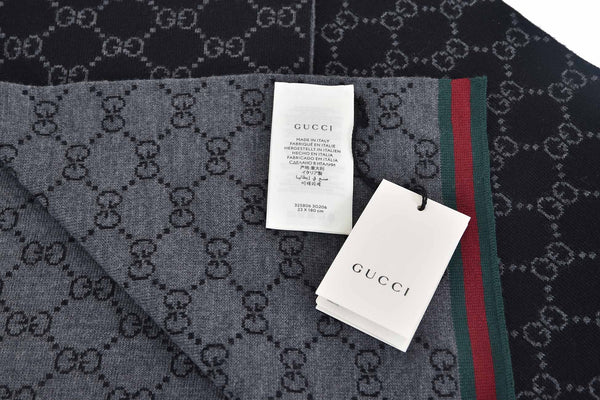 Gucci Sciarpa Unisex Nera/Grigia Logata 100% Lana Mod. 325806 3G206 1062