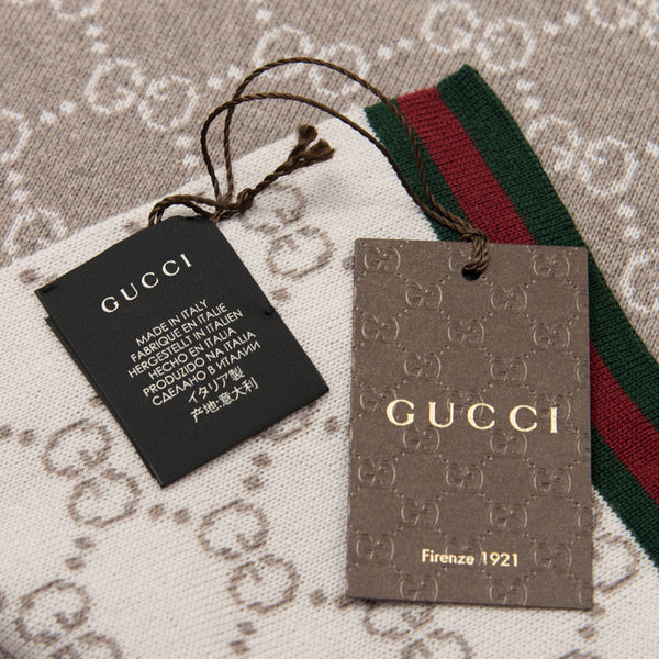 Gucci Sciarpa Unisex Beige/Bianca Logata 100% Lana Mod. 325806 3G206 2878