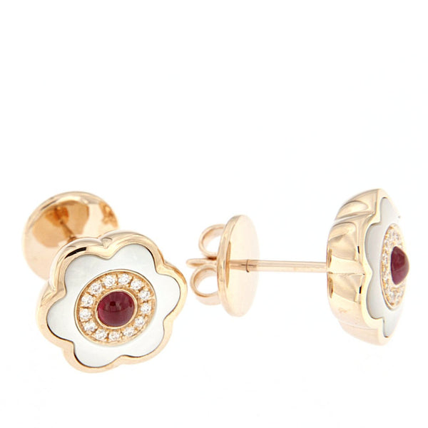 Orecchini in oro rosa e madreperla con rubino e diamanti